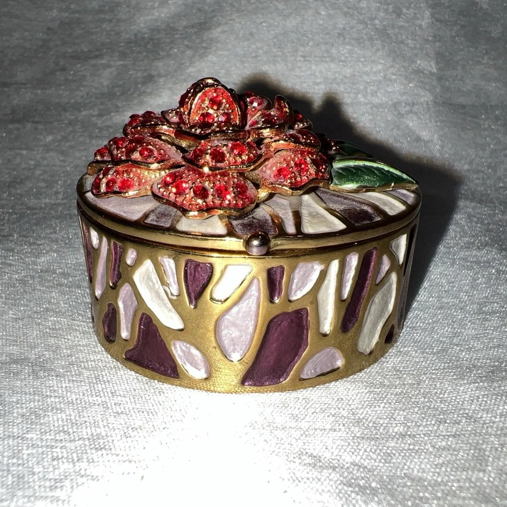 Vintage Floral Enamel Metal Hinged Trinket Box Jeweled Crystals Floral 2.5